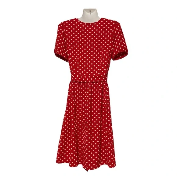 Eva Rose Short Sleeve Polka Dot Belted Dress with Pockets Red